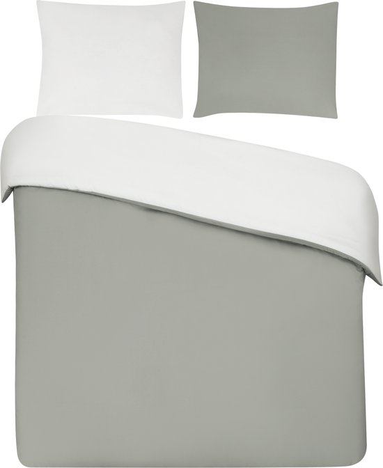 DoubleDry Dekbedovertrek 100% Percal Katoen - Eenpersoons 140x200/220 cm + 1 Kussensloop - Zacht, Ademend en Huidvriendelijk - Greige/Wit