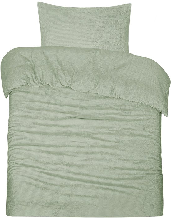DoubleDry Dekbedovertrek Seersucker - 100% Katoen - Eenpersoons 140x200/220 cm + 1 Kussensloop - Luchtig & Huidvriendelijk - Oudgroen