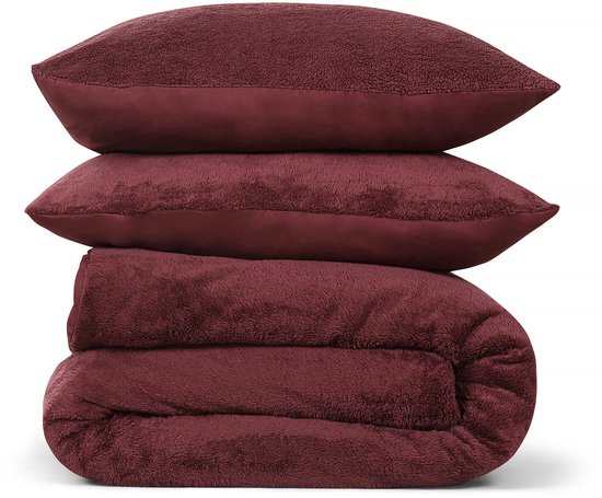 DoubleDry Dekbedovertrek Teddy Fleece - Tweepersoons 200x220 cm + 2 Kussenslopen - Zacht & Huidvriendelijk - Bordeaux van DoubleDry