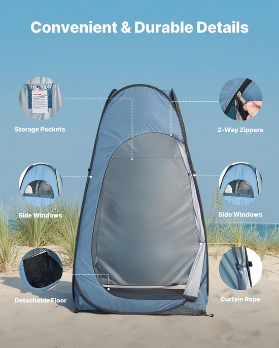 Douchetent & Toilettent - Pop-up Omkleedtent - 119x119x210 cm - Snelle Opzet - Inclusief Haringen, Touwen & Draagtas - 190T Polyester - Voor Kamperen/Strand/Vissen - Blauw
