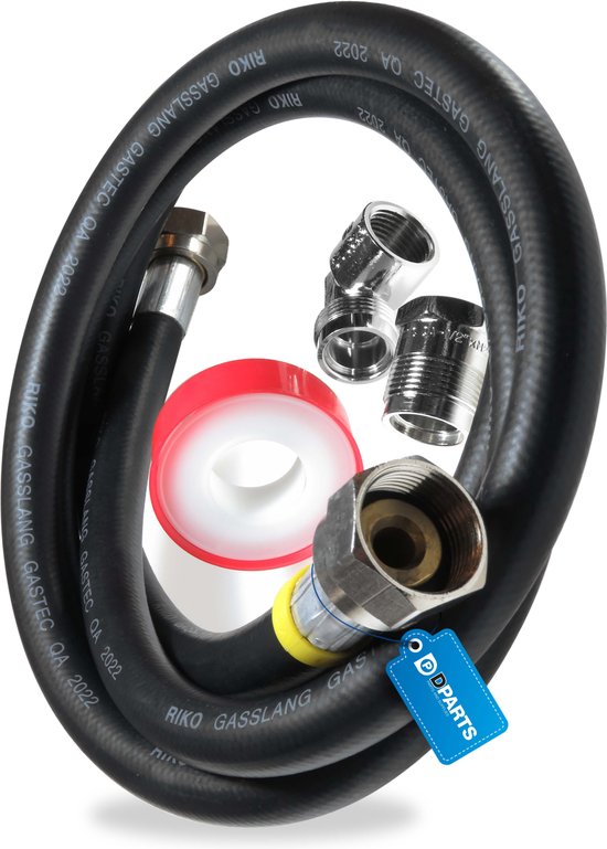 Dparts gasslang aansluitset - 2 meter - voor losstaande gasfornuis - set met PTFE gastape en comfortaansluiting 1/2 naar m24 haaks en recht - 200cm 2m - M24 gas slang fornuis van Dparts