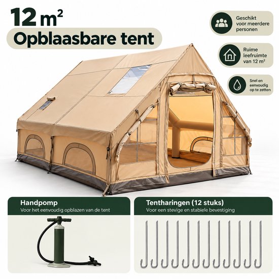 DPLUNIQ Tent - Opblaastent - Kampeertent - Kamperen - Camping - 8/10 Personen - Waterdicht - 4 Seizoenen - 400x300x210cm - Beige
