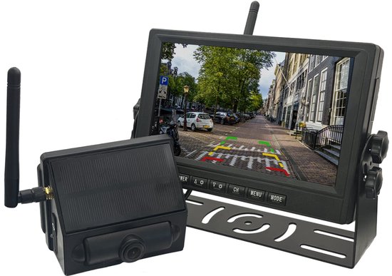 Draadloze Achteruitrijcamera op Zonne-energie - 7 Inch - 12-24V - Complete Set - Brede Kijkhoek - Auto, Bus, Vrachtwagen & Camper - Nachtzicht & Waterbestendig - ZX-S701