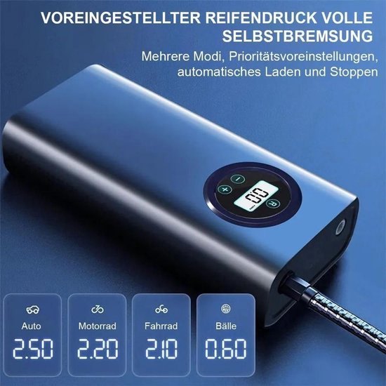 Draadloze elektrische luchtpomp, 3600mAh accu, luchtpomp met lcd-display, wordt geleverd met 3 mondstukadapters, Geschikt voor auto's, motoren, basketballen, enz. van Merkloos