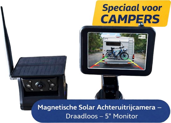 Draadloze Magnetische Achteruitrijcamera met 5 Inch Display - Solar - Nachtzicht - Voor Camper, Caravan, Paardentrailer, Racetrailer en Aanhanger van Merkloos
