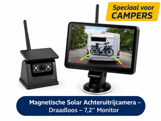 Draadloze Magnetische Achteruitrijcamera – Solar – 7.2 Inch Display – HD Nachtzicht – Voor Camper, Caravan, Aanhanger en Trailer