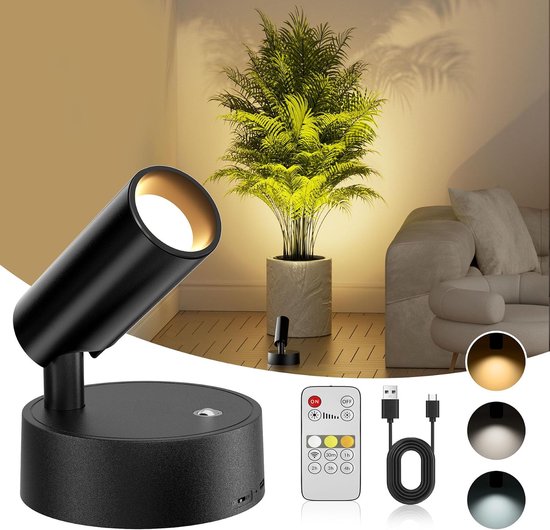 Draadloze oplaadbare USB-led-wandspot (4000 mAh) | Leeslamp met afstandsbediening & touchbediening – Ingebouwde timer; geschikt voor planten, kunst, kasten, slaapkamers, woonkamers – 1 stuk [Energieklasse F]