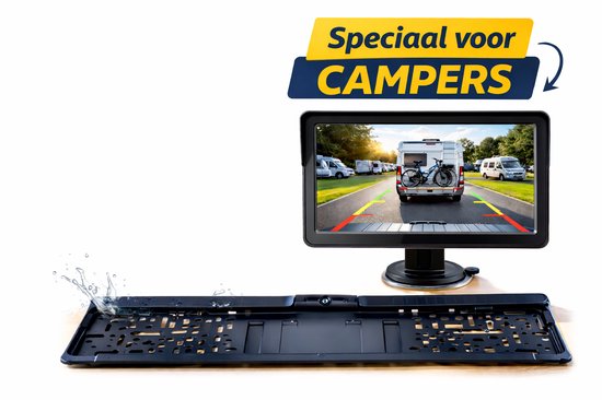 Draadloze Solar Achteruitrijcamera in Kentekenplaathouder met 5 Inch Display - HD - Parkeerlijnen - Voor Camper, Caravan, Paardentrailer, Racetrailer en Aanhanger
