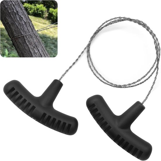 Draadzaag van roestvrij staal met een kunststof handvat en een zaagkabel van 69,5 cm (27,5 inch). Dit noodgereedschap voor het doorsnijden van kabels is geschikt voor kamperen, wandelen en het zagen van bomen en hout.