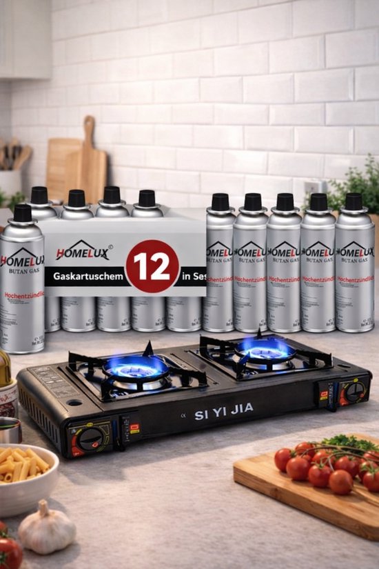 Draagbaar 2 pits gasstel campingkooktoestel cooker met 12x butaangas - Perfect voor noodsituaties, outdoor, caravan en kamperen, inclusief 2 branders, gaspit, campeergas, gasstove en portable cooker, van Draagbaar