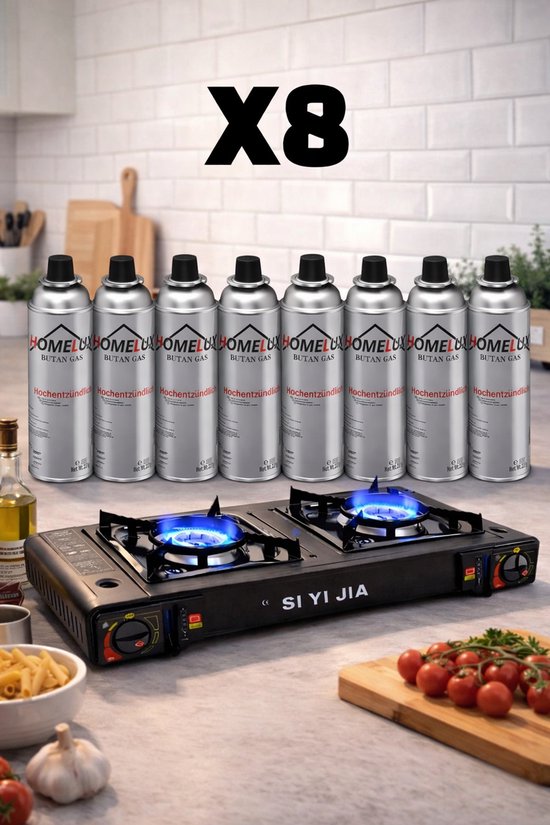 Draagbaar 2 pits gasstel campingkooktoestel cooker met 8x butaangas – Perfect voor noodsituaties, outdoor, caravan en kamperen, inclusief 2 branders, gaspit, campeergas, gasstove en portable cooker,