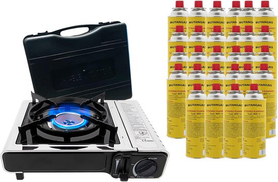 Draagbaar Camping Gasfornuis RVS Kooktoestel met Deksel en 2 Gaspatronen
