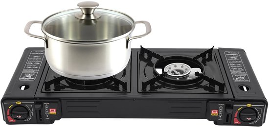 Draagbaar Camping Kooktoestel met 2 Branders - Inclusief Bakplaat & Draagkoffer - Gasstel 2x 2500W - Piezo-ontsteking - Zwart