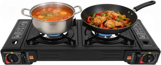 Draagbaar Campingfornuis - Koken Buiten - Kamperen en Reizen - Dubbele Brander - 63 x 26 cm - Zwart