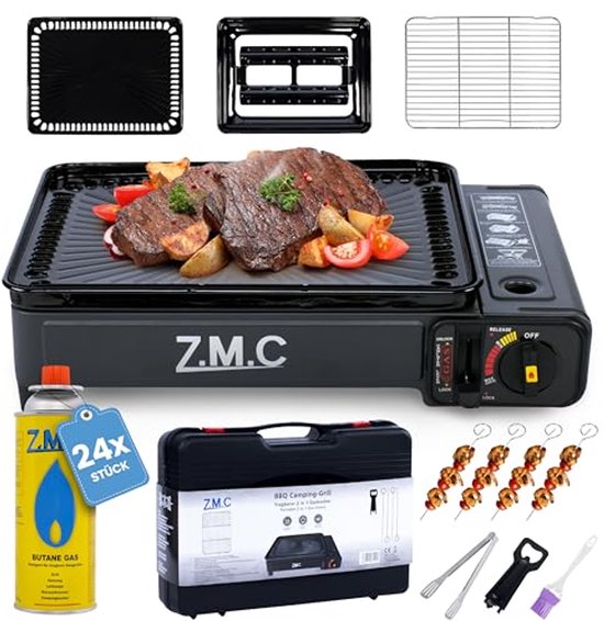 Draagbaar Campingkooktoestel en Gasgrill 2-in-1 met Grillaccessoires en Koffer + 24 Gaspatronen - Ideaal voor Balkon en Kampeeruitjes