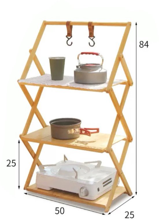 Draagbaar campingrek - 3 laags - Met 2 haken - Outdoor - Indoor - Kamperen - Opvouwbaar rek voor camping - Picknick - Bamboe - Opbergrek van Merkloos
