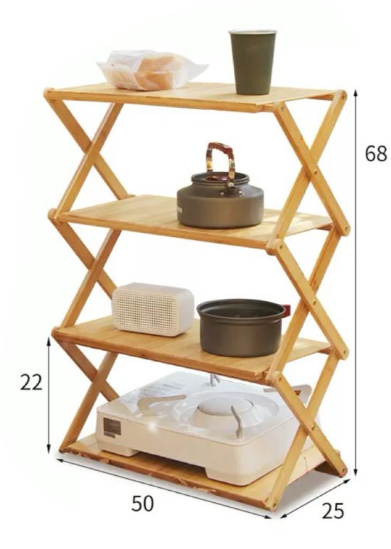 Draagbaar campingrek - 4 laags - Outdoor - Indoor - Kamperen - Opvouwbaar rek voor camping - Picknick - Bamboe - Opbergrek