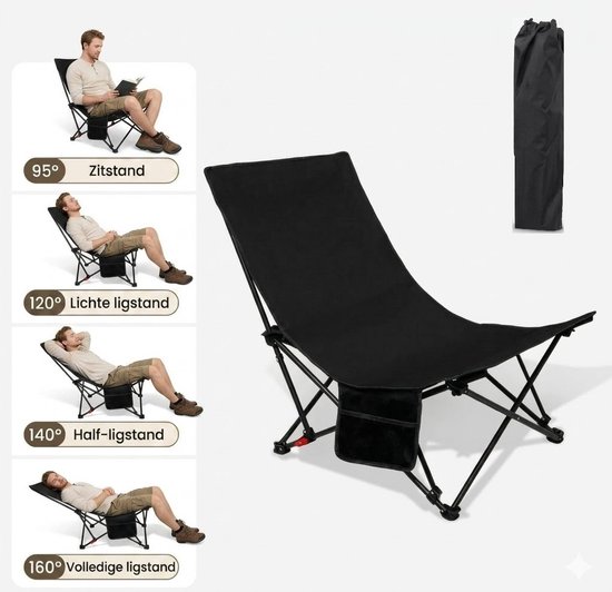Draagbaar Campingstoel met Hoofdkussen & Opbergtas - inklapstoel- Strandstoelen - Opvouwbare Relax Ligstoel – 4 Verstelbare Standen (95°–160°) – Extra Breed & Sterk (120kg) van Merkloos