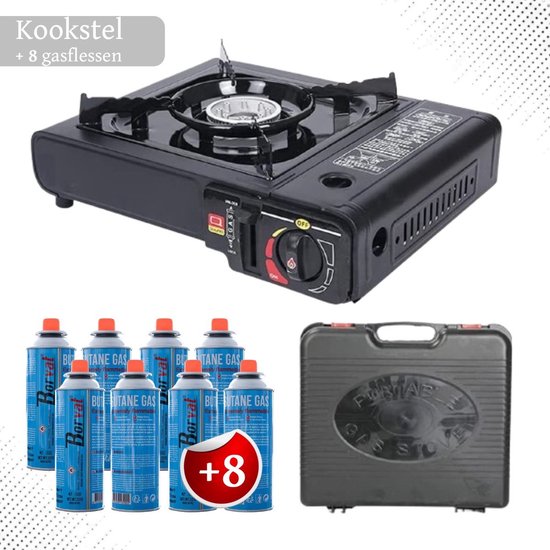 Draagbaar Gasfornuis - Camping Kookstel - Gas Stove - Gasfornuis - Kooktoestel - Outdoor - Noodpakket - Op Reis - 8 gasflessen van Kemper