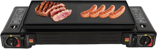 Draagbaar Gasfornuis - Camping Kooktoestel - Buiten Koken - Dubbele Brander - 64 x 29 x 12 cm - Zwart