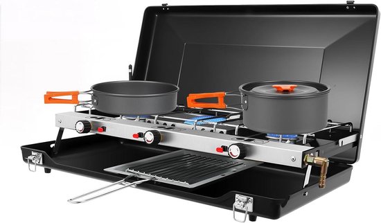 Draagbaar Gasfornuis - Camping Kooktoestel - Outdoor Koken - 3 Vlammen - 56.5 x 34 x 30 cm - Zwart