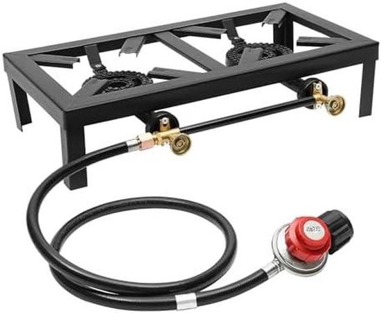 Draagbaar Gasfornuis - Dubbele Brander - Buiten Koken - 8000W Vermogen - 48 x 25 cm - Zwart