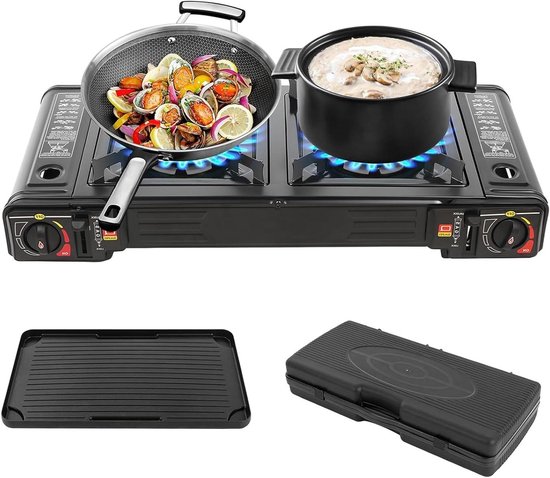Draagbaar Gasfornuis - Kooktoestel met Grill - Kamperen en Reizen - Twee Branders - 64x28x8 cm - Zwart