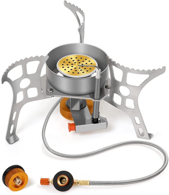 Draagbaar Gasfornuis Met Aluminium Windscherm En Honingraat Brander - Duurzaam Messing Piëzo-Elektrische Ontsteking Compact 9x9 cm - Perfect Voor Backpacken En Buiten Koken