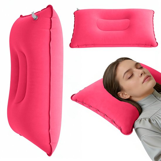 Draagbaar opblaaskussen – 34x22 cm opblaasbaar campingkussen – Gevlokt duttkussen – Geschikt voor kamperen, wandelen, strand, dutjes, slaap en ondersteuning van nek en onderrug – Roze