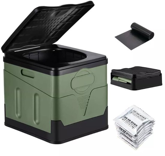 Draagbaar toilet - Opvouwbare autotoiletbril - Noodtoilet voor buiten - Essentieel voor noodgevallen op de camping - Milieuvriendelijk PP-materiaal - Waterdicht, geurloos en valbestendig - 20 liter - Draagvermogen 150 kg - Legergroen