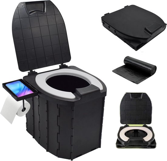 Draagbaar toilet voor kamperen met Zachte PU-toiletbril - campingtoiletten met afbreekbare zakjes- mobiel toilet met telefoonhouder-Camping sanitair - Met Deksel – Camping wc – Draagbare WC Emmer Volwassen – Draagbaar Toilet – Opvouwbaar toilet van Sunglory
