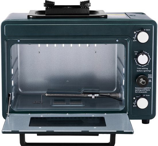 Draagbare 2-In-1 Buitenkachel met Instelbare Vlamintensiteit, Timer van 60 Minuten, Windbeschermd Ontwerp, Inclusief Grillrooster en Bakplaat - Ideaal voor Kamperen en Picknicks in de Tuin