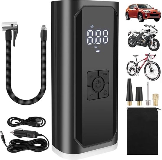 Draagbare bandenpomp/luchtcompressor met lcd-scherm - 150 PSI, 6000 mAh oplaadbaar; geschikt voor auto, motor, fiets en sportballen; inclusief drukmeter