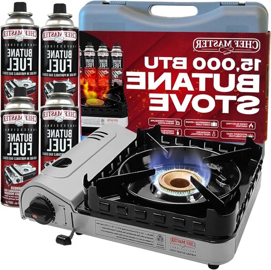 Draagbare Butaanbrander - Compact Fornuis - Outdoor Koken - 15.000 BTU Kracht - 4 Brandstofcontainers - Zwart