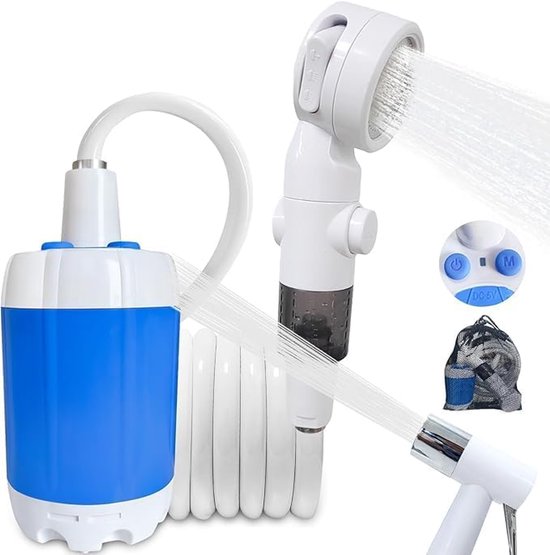 Draagbare Camping Douche - Oplaadbare Buitendouche - 2m - Mobiele Douche - Tuindouche - Reisdouche - Voor Kamperen, Wandelen, Reizen, Camper, Huisdieren en Strand - Incl. Douchkop, Spuitpistool, Zuighaak, USB, Opbergtas en Handleiding - SOLLBRY®