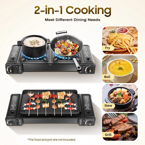 Draagbare Camping Dubbele Gasbrander - Met bakplaat - Compact Outdoor Gasfornuis met Twee Kookzones - Kooktoestel - Perfect voor Kamperen, Barbecue en Outdoor Cooking van FlinQ