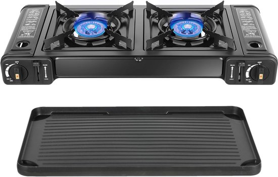 Draagbare Camping Gasfornuis met Dubbele Brander en Bakpan - Ideaal voor Buiten van Merkloos