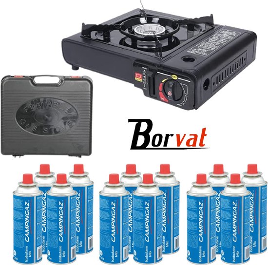 Draagbare Camping Gasfornuis Set - Inclusief 12 Gasflessen - Compact Outdoor Kooktoestel - Gas Stove - 1 Set van Höfftech