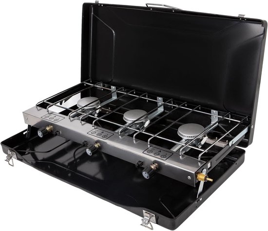 Draagbare Camping Kookplaat - Buitenfornuis Gas - Koken in de Natuur - Drie Onafhankelijke Branderknoppen - 59.5cm x 32.5cm - Zwart