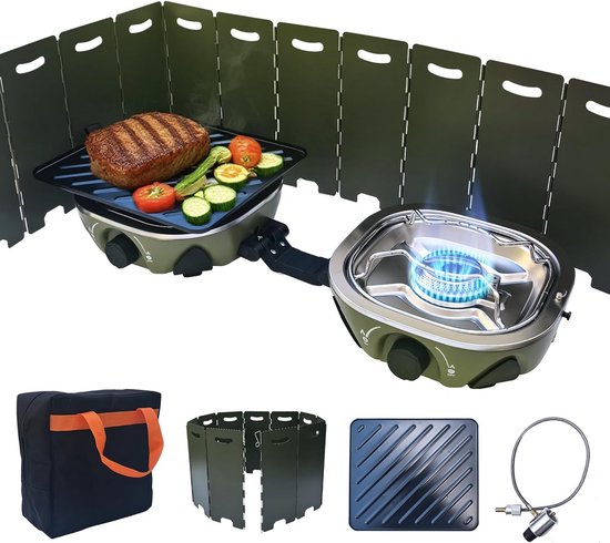 Draagbare Camping Kooktoestel met 2 Pitten - Inclusief Grillplaat en Slang