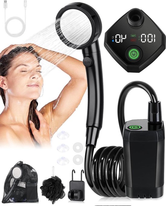 Draagbare Campingdouche 6000 mAh - Pomp en Temperatuurweergave - Outdoor Set - Douchekop - 2 m Slang - Tuin - Autowassen - Strand - Huisdieren - Zwart