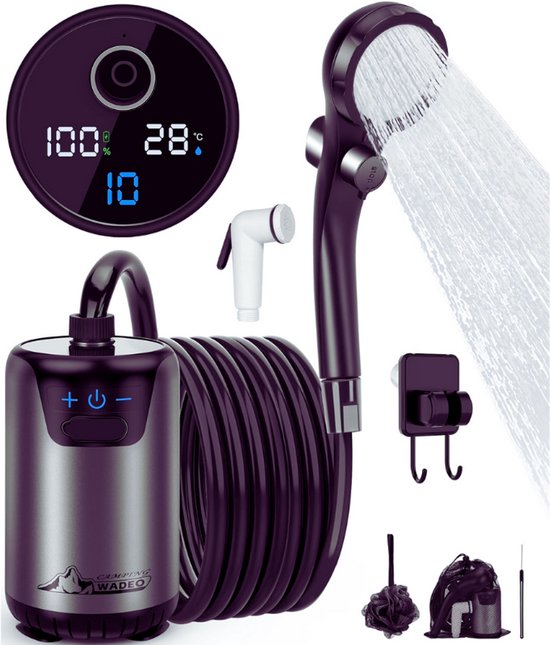 Draagbare Campingdouche Met Accu – Geüpgradede Outdoor Douche Met Pomp En Temperatuurweergave – 10 Versnellingen, 6000 mAh Batterij Voor 3 Uur Looptijd van Soluser