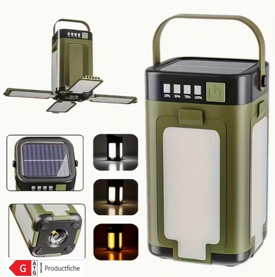 Draagbare Campinglamp & Zaklamp - Zonne-energie LED Lantaarn met 6 Lichtmodi - Opvouwbaar & Oplaadbaar - Noodlamp - Noodpakket - Zonnepaneel