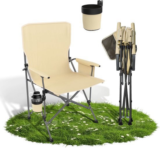 Draagbare Campingstoel – Met Bekerhouder & Zijvak – Opvouwbare Visstoel & Picknickstoel – Stevig Stalen Frame 100kg – Creme van Merkloos