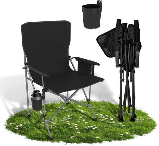 Draagbare Campingstoel – Met Bekerhouder & Zijvak – Opvouwbare Visstoel & Picknickstoel – Stevig Stalen Frame 100kg – Zwart