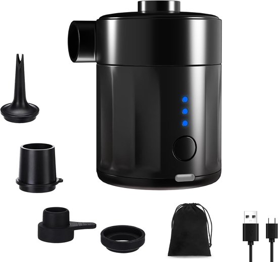 Draagbare Elektrische Luchtpomp 2-in-1 – 2000 mAh Accu – 450 L/min – 4 Mondstukken – Voor Luchtbed en Zwembad – Zwart