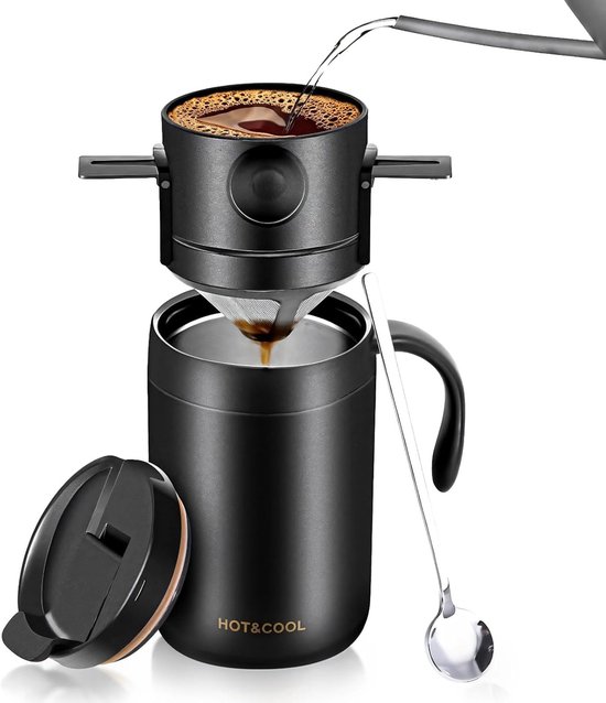 Draagbare filterkoffiemok - Geïsoleerde roestvrijstalen mok - Draagbare koffiefilterset - 453,6 g (ca. 16 oz) - Campingkoffiezetapparaat - Draagbare campingkoffieset - Filterkoffiezetapparaat - Zwart van Merkloos