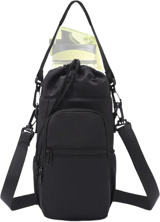 Draagbare flessenhouder – effen nylon hoes met polyester voering, verstelbaar voor thermosflessen, ideaal voor outdoorsport, reizen, school, kantoor, wandelen en sportschool.