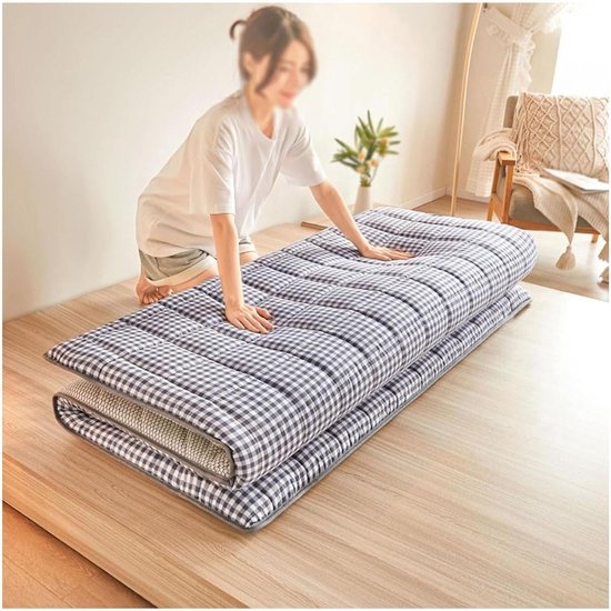 Draagbare Futonmatras - Slaapmat Vloer - Ruimtebesparend Slapen - 5-laags Constructie - 90 x 200 cm - Grijs Geruit