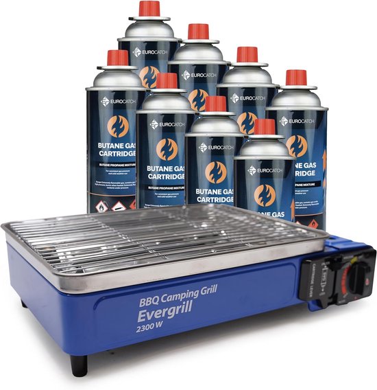 Draagbare Gas Tafelgrill op Butaangas - Elektronische Ontsteking - Camping Grill Koffer Incl. 8 Gasbussen
